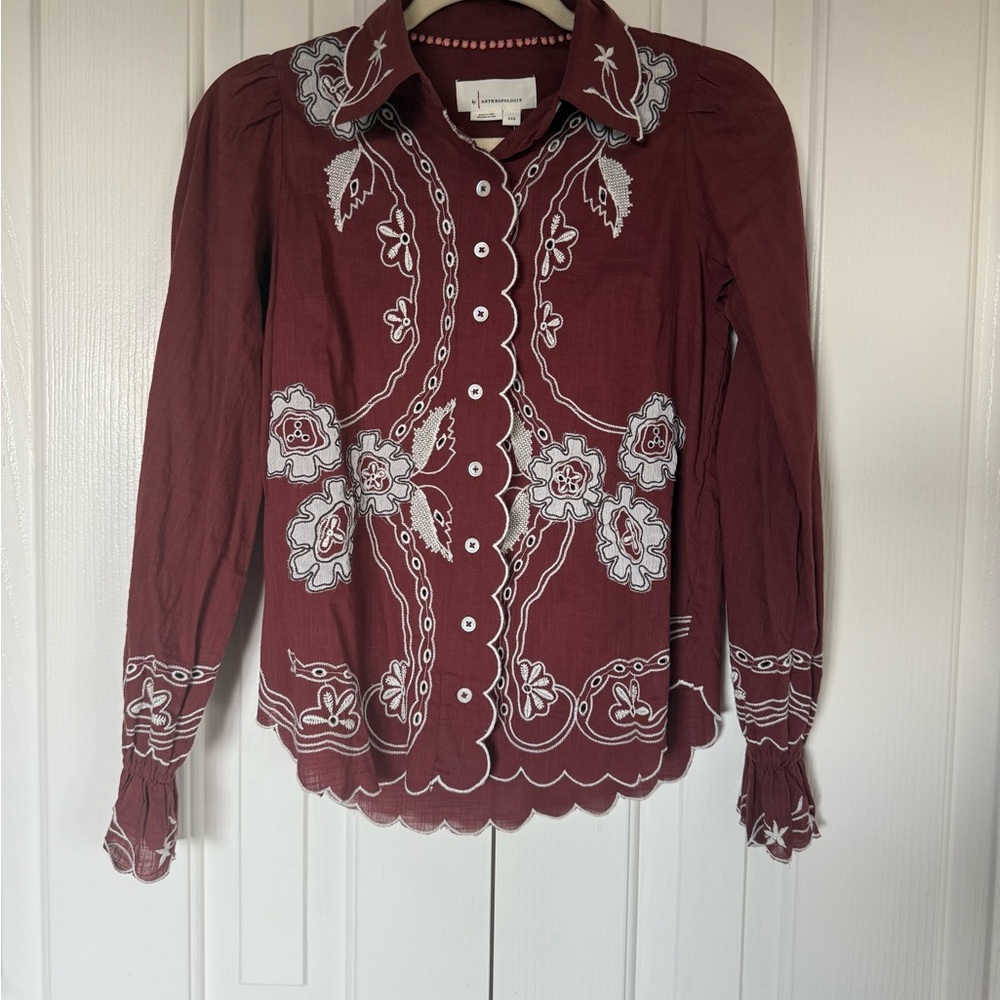 Anthropologie Maroon Blouse with Cream Embroidery
